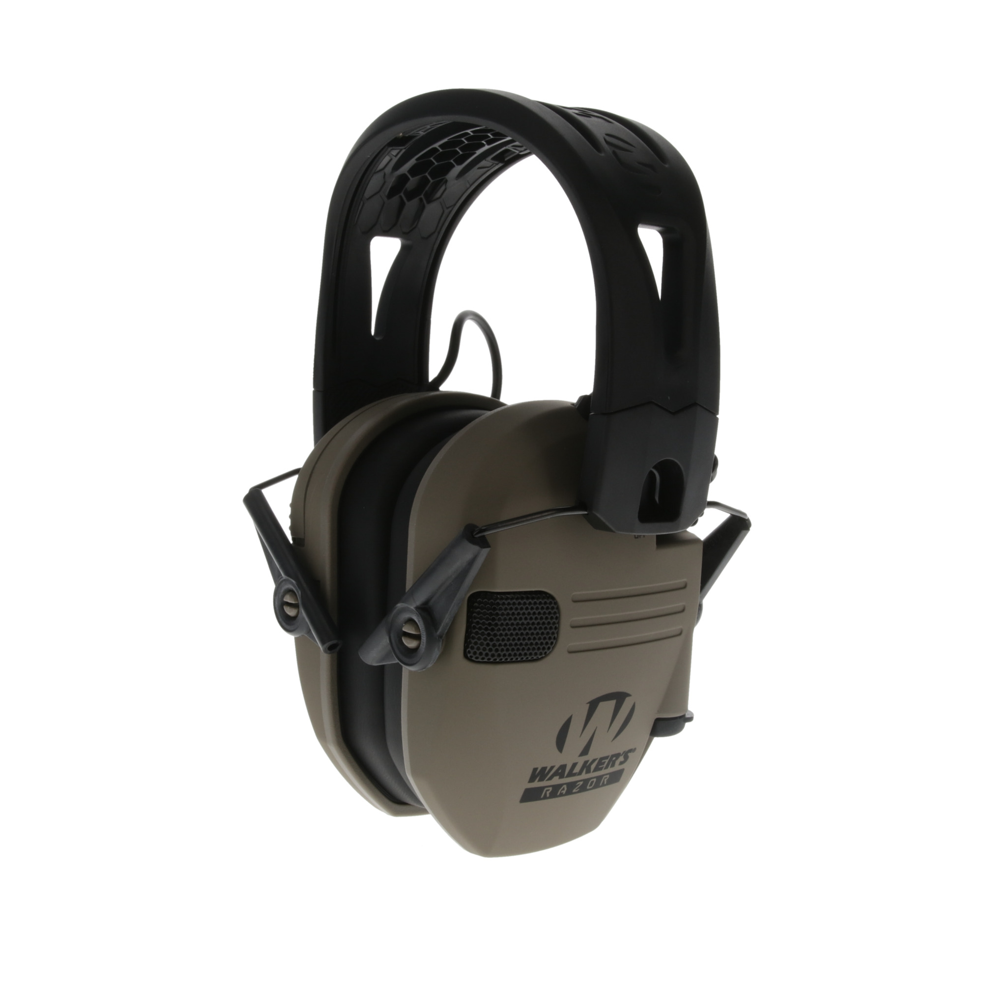 Walkers Game Ear Razor Tacti-Grip Muff with Rubber Headband - 23dB Noise Reduction, Omnidirectional Microphones, Tan, Model# GWP-RSEMRH-FDE